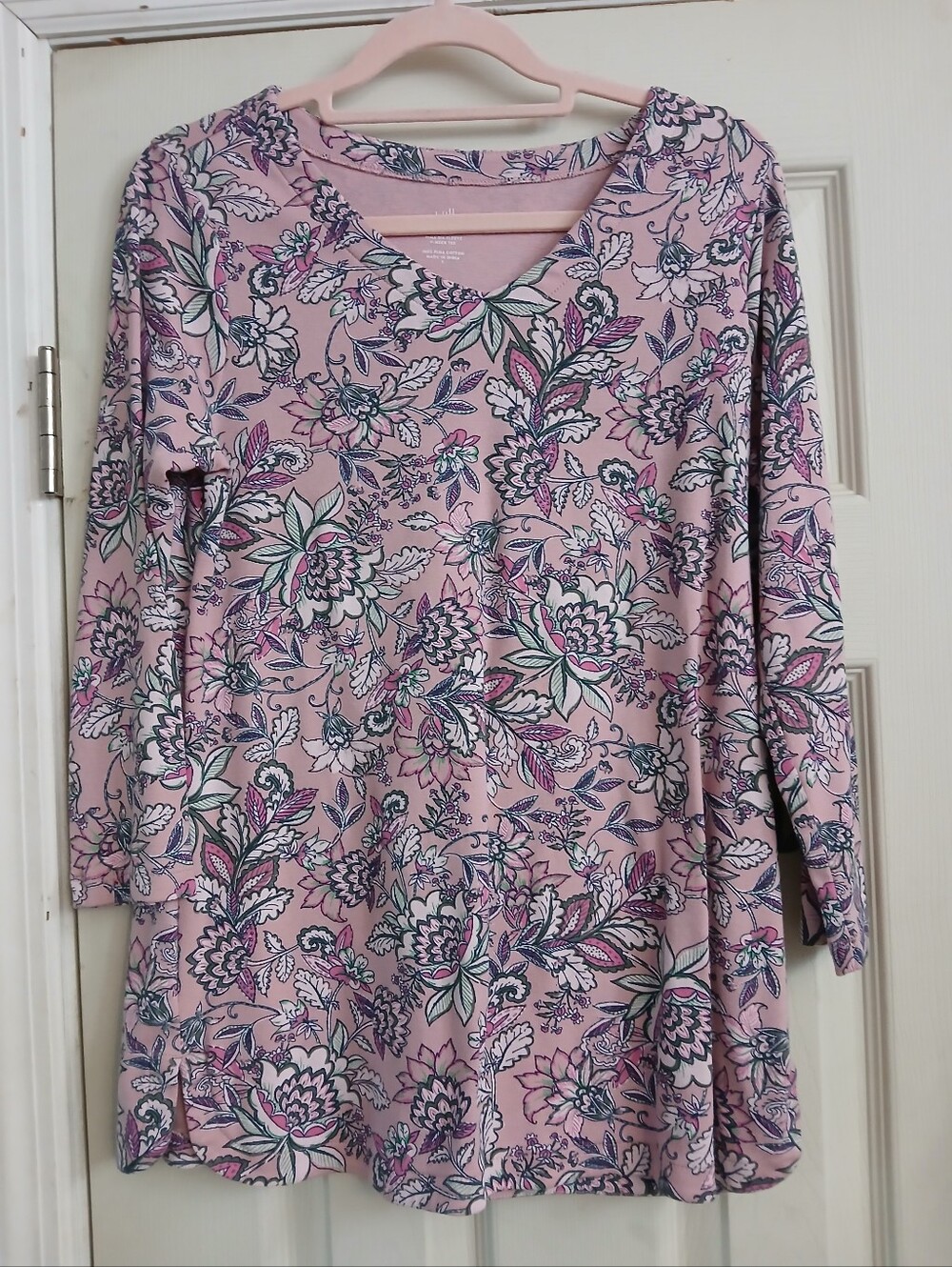 J Jill Tunic small Luxe Supima Cotton Floral Pink Paisley 14" Sleeve inseam 17.5